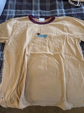 Obey Tan Tee with Maroon Ribbed Neck